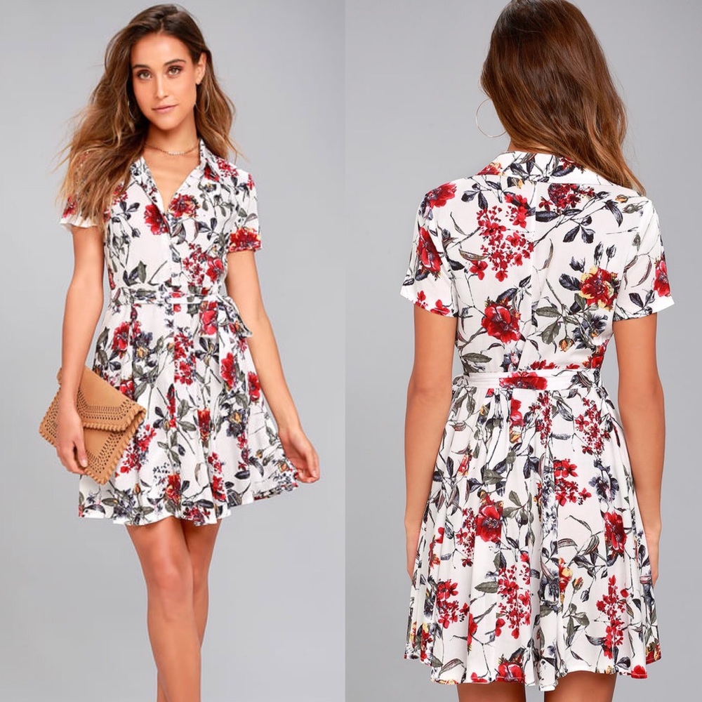 Lulu’s White Floral Button Up Shirt Dress
